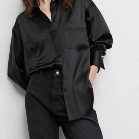 Zara Tops - Zara Women's Elegant Black Satin Shirt